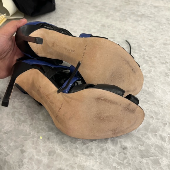 MANOLO BLAHNIK Netochka Lace-Up Cage Sandal Heels, Blue and Black Leather - Picture 3 of 6